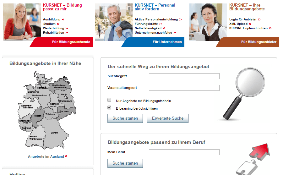 Die Suchfunktion vom Kursnet-Portal der Bundesagentur für Arbeit hilft dir, eine passende Weiterbildung zu finden. (Screenshot: kursnet-finden.arbeitsagentur.de)
